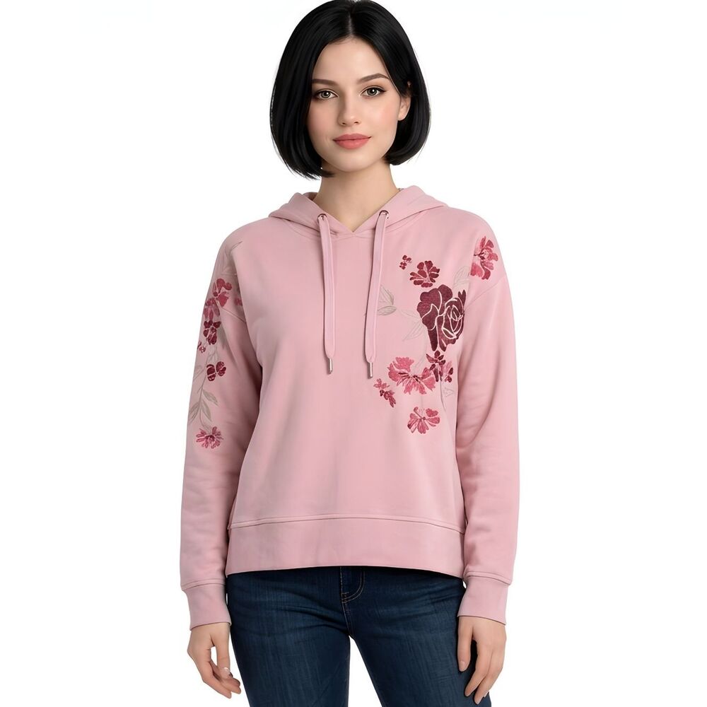 Jessica Simpson Bressia Pink Floral Embroidered Drop Sleeve Hoodie Size M
